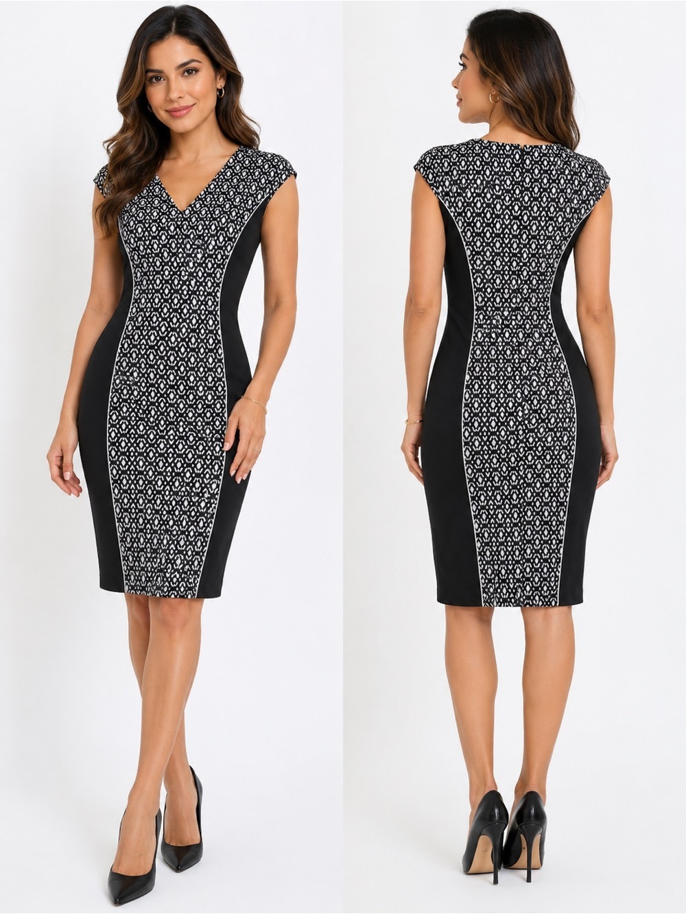 Black & White Printed V-Neck Midi Sheath Dress